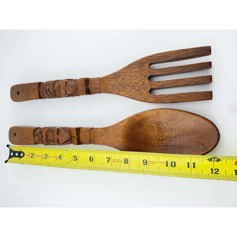 Vintage Hand Carved Wooden Tiki Salad Servers 12 Inch Wood Fork Spoon Set MCM
